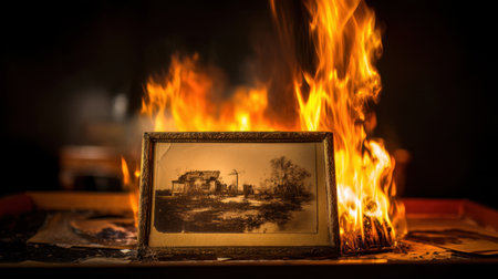 A haunting scene featuring a vintage photo in a decorative frame engulfed by flames, symbolizing destruction and evoking strong emotions about loss and memory.の素材