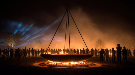 A captivating scene featuring a large geometric structure surrounded by silhouettes of people, illuminated by glowing fire and smoky ambiance during a nighttime event.の素材