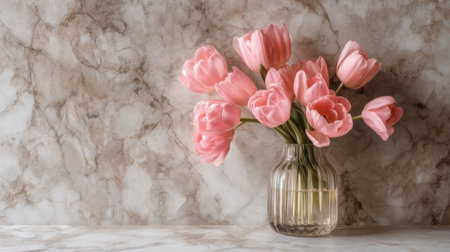 A stunning arrangement of pink tulips in a clear vase, beautifully set against a textured marble background, perfect for home decor inspiration.の素材