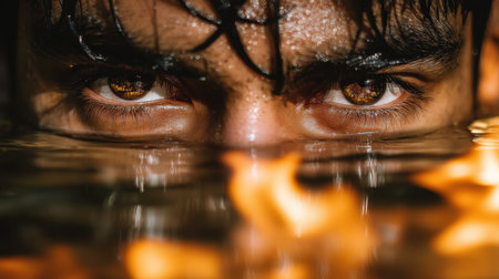 A captivating close-up captures intense eyes peering above a water surface, reflecting flickering flames. This image evokes emotion and mystery.の素材