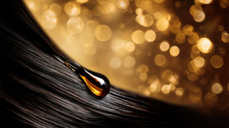 Close-up of sleek black hair featuring a glossy oil drop, set against a stunning golden bokeh background, ideal for beauty themes.の素材