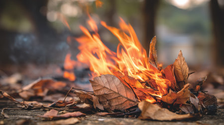 Captivating image of vibrant flames dancing above a pile of dry autumn leaves, creating a warm and inviting atmosphere in nature.の素材