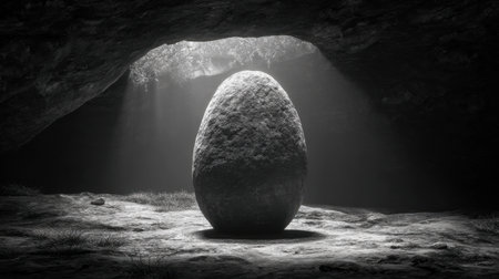 A captivating stone egg stands in a dimly lit cave, surrounded by shadows and soft natural light, evoking feelings of mystery and exploration.の素材