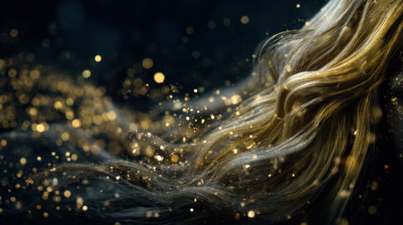 A stunning close-up of flowing golden hair illuminated by magical sparkles against a dark background, perfect for beauty and fashion-themed projects.の素材