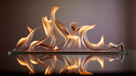 This striking image captures an elegant display of flames in smooth motion, showcasing dynamic energy and heat against a reflective surface.の素材