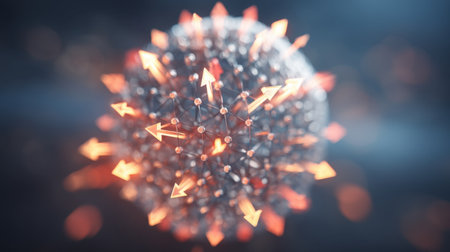 This 3D visualization showcases an abstract representation of a virus structure with arrows illustrating movement and dynamics. Ideal for science and research concepts.の素材
