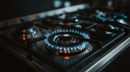 A striking close-up image of a gas burner flame on a modern kitchen stove, showcasing vibrant blue flames against a dark background, ideal for culinary themes.の素材