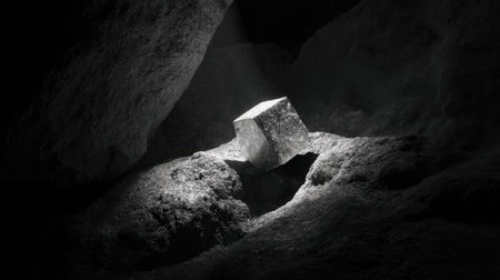 A solitary stone block rests in a dark cavern, illuminated by a gentle beam of light that accentuates its features against rugged surroundings.の素材