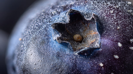 This close-up image showcases a fresh blueberry, revealing its intricate surface details and texture. Perfect for food-related projects.の素材