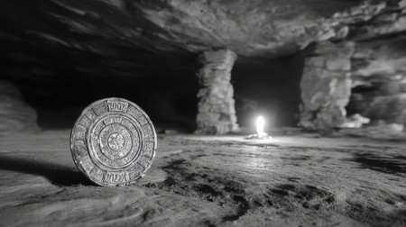 A striking black and white image showcasing an ancient stone coin placed beside a flickering candle in a dimly lit cave, creating an ambiance of mystery and exploration.の素材