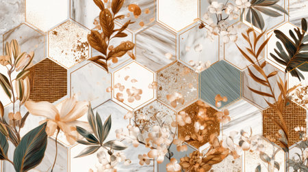 A stunning botanical design featuring hexagon tiles adorned with warm floral elements, perfect for home decor and creative projects.の素材