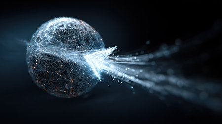 This abstract image portrays a dynamic sphere representing data transfer, with a glowing arrow emanating from it, symbolizing technology and modern connectivity.の素材