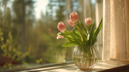 A charming arrangement of fresh pink tulips in a clear glass vase sits on a sunny window sill, showcasing gentle light and a serene natural backdrop.の素材