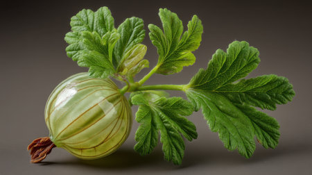 A fresh organic gooseberry adorned with vibrant green leaves showcases its natural beauty on a subtle neutral background, perfect for culinary or agricultural representations.の素材