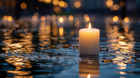 A tranquil scene featuring a solitary white candle floating on water, casting a warm and inviting glow amid soft reflections and gentle ripples.の素材