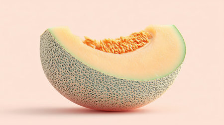 A freshly cut slice of melon showcasing its juicy, sweet interior against a soft pink background, representing health, freshness, and summer vibes.の素材