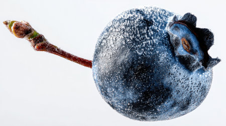 This striking close-up features a frosted blueberry, showcasing its intricate texture and vibrant colors against a clean white background.の素材