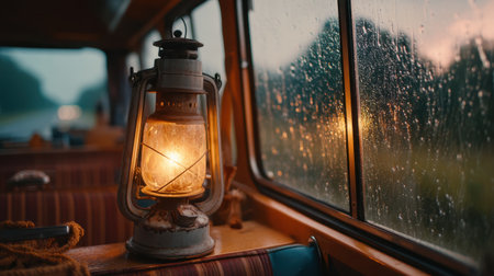 A vintage lantern illuminates the interior of a classic camper van, creating a cozy atmosphere while rain gently falls outside the window.の素材