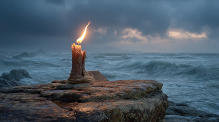 A single candle flickers atop a rocky surface, illuminating the surroundings as turbulent ocean waves crash against the shore under a moody sky.の素材
