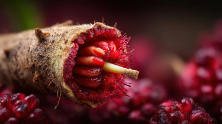 A stunning macro image capturing the intricate beauty of seeds nestled within a unique pod, set against a striking red background, showcasing the wonders of nature.の素材