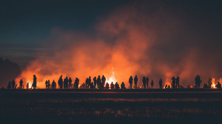 A captivating scene captures silhouetted figures enjoying a bonfire at night, with glowing embers and smoke creating a magical atmosphere of warmth and connection.の素材