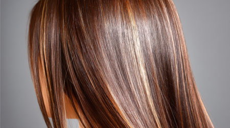 Capture the essence of beauty with this image showcasing smooth and shiny hair adorned with warm brown highlights, ideal for salon promotions.の素材