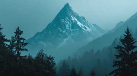 This captivating image showcases a majestic mountain peak shrouded in mist, set against a tranquil forest backdrop, invoking serenity.の素材
