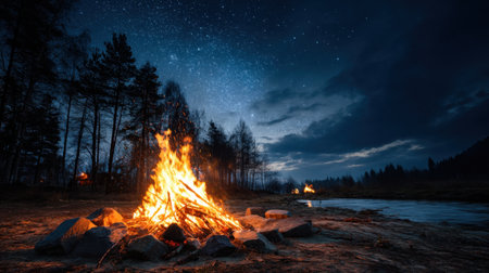 A stunning campfire lights up the serene night landscape beside a river, surrounded by trees and a sky filled with bright stars, creating a tranquil atmosphere.の素材