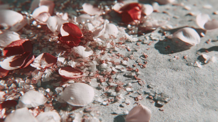 An artistic arrangement of delicate rose petals and sparkling crystals scattered on a soft gray surface, creating a serene and elegant ambiance.の素材