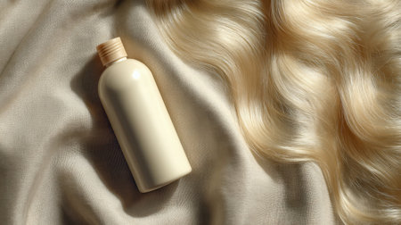This image features a sleek beige shampoo bottle resting on luxurious blonde hair against soft fabric, perfect for hair care and beauty promotions.の素材