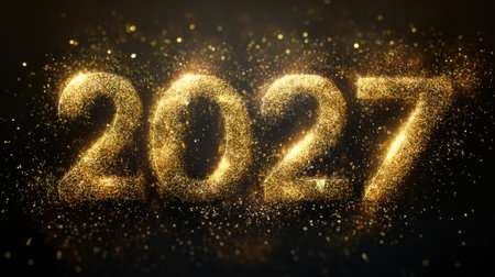 Gorgeous depiction of the year 2027 created with shimmering gold glitter and sparkles, perfect for New Year celebration themes and marketing.の素材