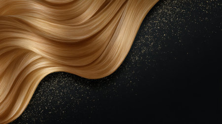 This stunning image features flowing golden hair with a smooth texture, contrasted against a dark background and accentuated by shimmering particles, evoking a sense of luxury and elegance.の素材