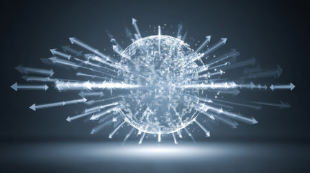 This stunning abstract image features a luminous sphere surrounded by dynamic arrows radiating outward, symbolizing energy and innovation.の素材
