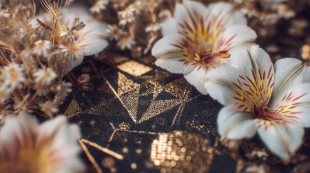 This captivating image showcases delicate flowers interwoven with natural elements against an elegant backdrop featuring geometric patterns. The soft colors and intricate details create a serene and aesthetic visual composition.の素材