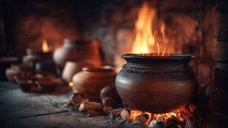 A rustic kitchen scene featuring a clay pot cooking over an open flame, surrounded by earthy utensils and warmth, illustrating the comfort of home-cooked meals.の素材