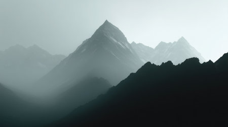 This stunning mountain landscape features majestic peaks shrouded in fog, creating a tranquil and serene atmosphere. Perfect for nature lovers.の素材