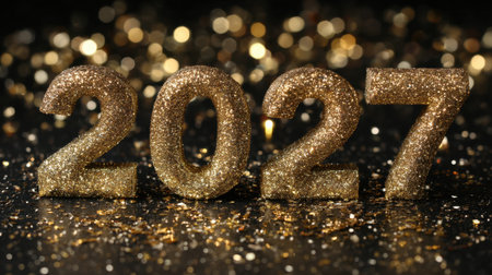 Glittering gold numbers representing the year 2027 shine brightly against a sparkling backdrop, perfect for festive celebrations and joyful events.の素材