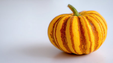 A vibrant yellow striped pumpkin placed on a clean white background. This stunning image highlights the essence of autumn and seasonal celebrations. Perfect for culinary and festive themes.の素材