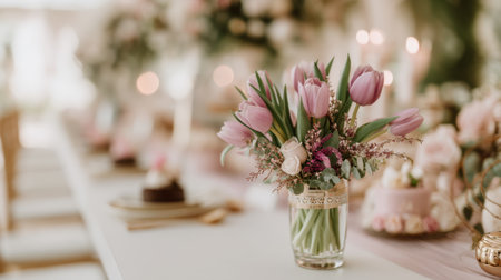 An exquisite floral arrangement of pink tulips and other delicate blooms graces a beautifully decorated table, creating a romantic atmosphere for any event.の素材