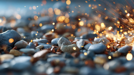 A captivating close-up of colorful pebbles scattered across a surface, illuminated by sparkling lights and glowing particles, enhancing the natural beauty.の素材