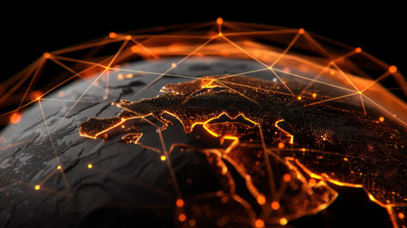 Stunning visual representation of Earth showcasing digital network connections with vibrant orange highlights, illustrating technology integration and global communication.の素材