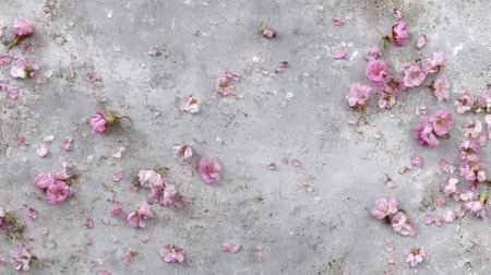 This beautiful image features delicate pink flower petals scattered across a textured gray surface, creating a serene and aesthetic background perfect for various design projects.の素材