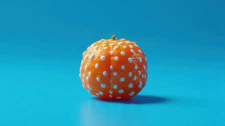 A striking orange fruit with distinctive white dots is showcased against a bright blue background, perfect for creative projects and food-related themes.の素材