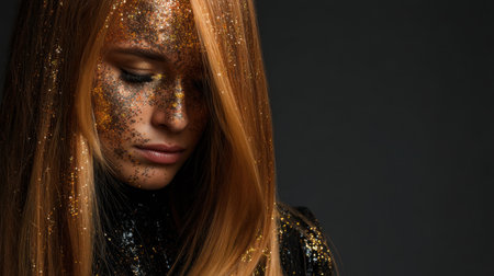 This captivating portrait features a young woman with shimmering glitter makeup and long, shiny hair, elegantly gazing downward. The dark background enhances the glow and artistry of the image, evoking a mood of beauty and confidence.の素材