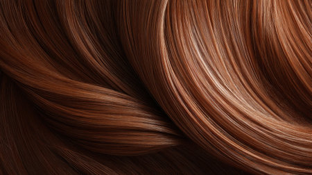 This image captures a stunning close-up view of luxurious copper brown hair, highlighting its smooth texture, natural shine, and flowing strands, perfect for beauty-related projects.の素材