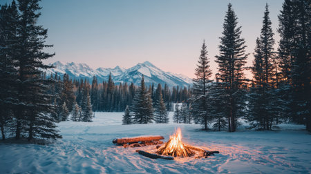 A stunning winter scene featuring a glowing campfire surrounded by snow-covered pine trees and majestic mountains at sunset. This tranquil landscape invites warmth and relaxation in nature's embrace.の素材