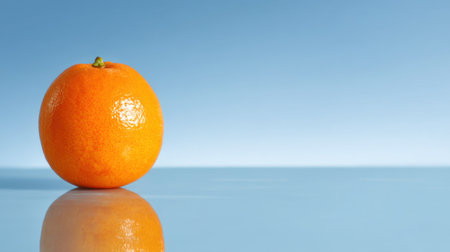 A lone fresh orange sits on a reflective surface, contrasting beautifully with a soft blue background, symbolizing health and vitality.の素材