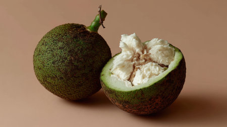 A close-up view of a fresh green tropical fruit showcasing its rugged exterior and creamy white interior. Perfect for health-related themes.の素材
