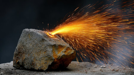 A striking image captures the moment of a spark and flame erupting from a stone rock, showcasing vivid colors and dynamic motion.の素材