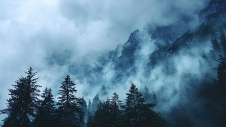 A captivating view of a foggy mountain landscape where pine trees stand tall against a backdrop of swirling mist and dramatic clouds.の素材